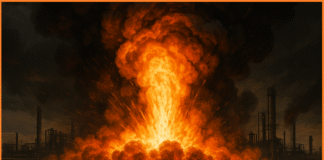 A massive, fiery explosion is erupting in the center, with a wide, low-lying vapor cloud igniting.