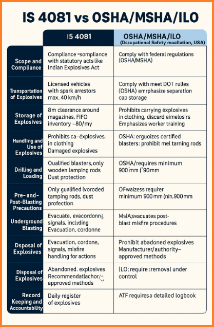 detailed article based on IS 40812013 – Blasting and Related Drilling Operations (Code of Safety) with a comparison to international standards such as OSHA (USA), MSHA (USA), and ILO guidelines.